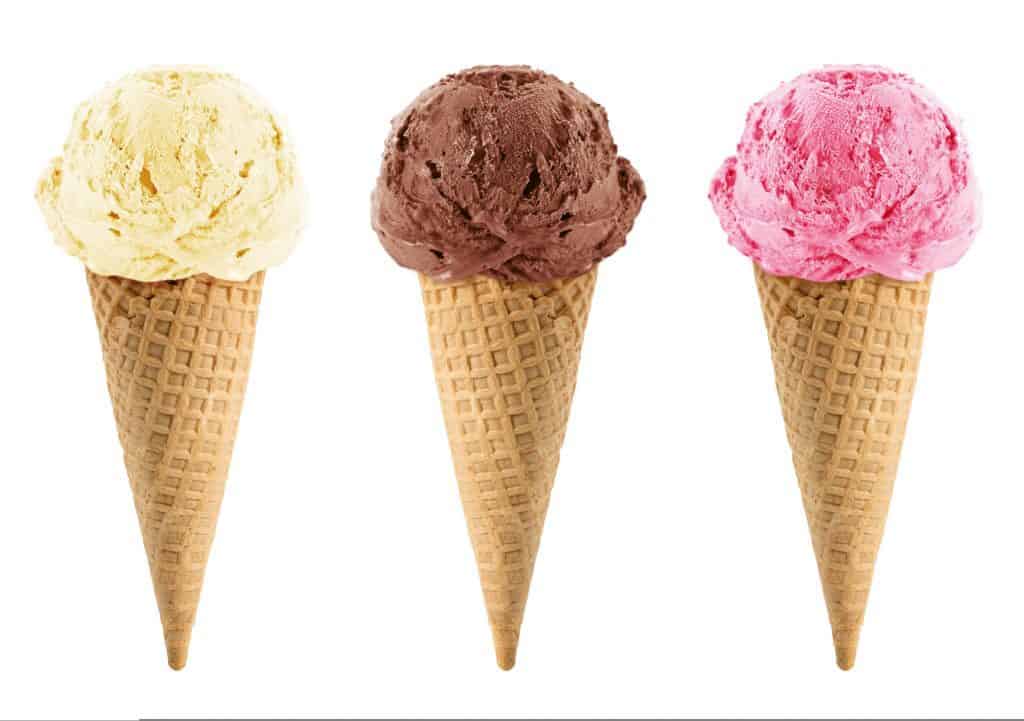 chocolate, vanilla and strawberry Ice cream in the cone 
