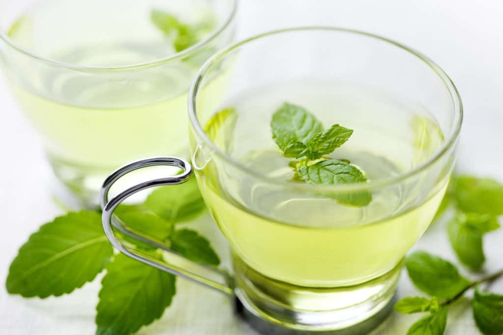 spearmint tea in a glass cup with fresh mint leaves